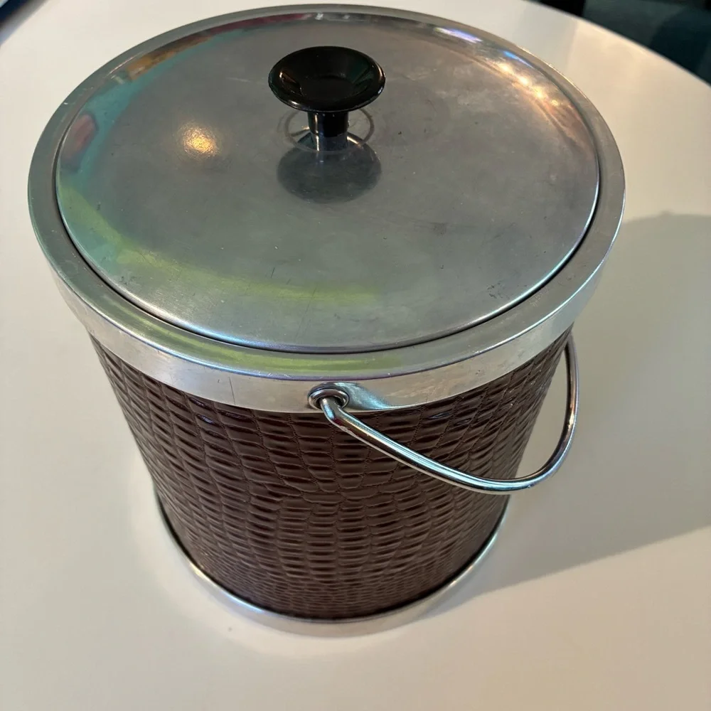 Vintage Ice Bucket Faux Alligator Brown Chrome Trim Cavalier NASCO Italy MCM